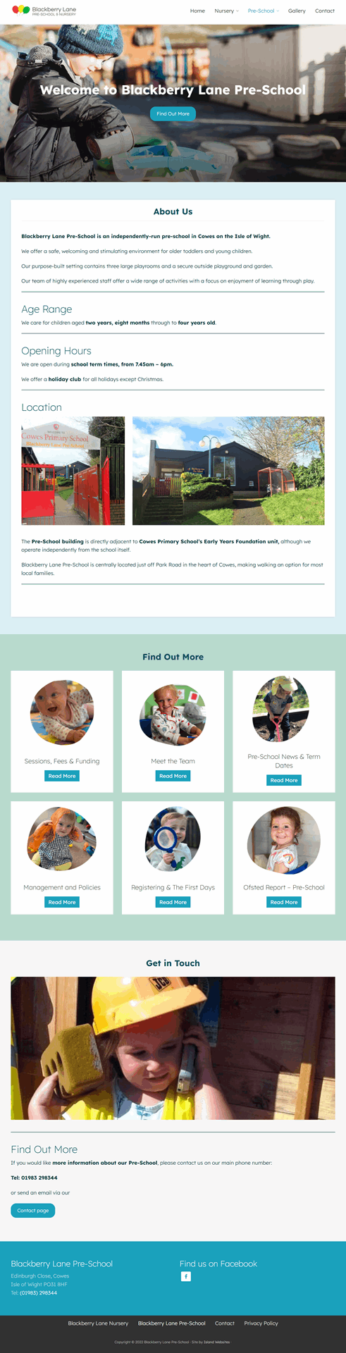 home page of the Blackberry Lane pre-school and nursery website, showing a toddler playing outdoors and smiling