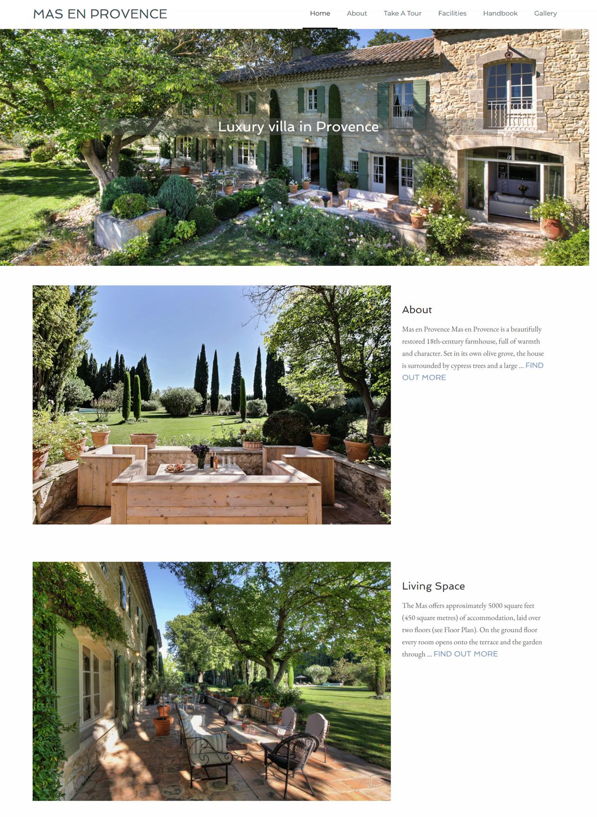 home page of the Mas en Provence web page, showing front of property and exterior shots.