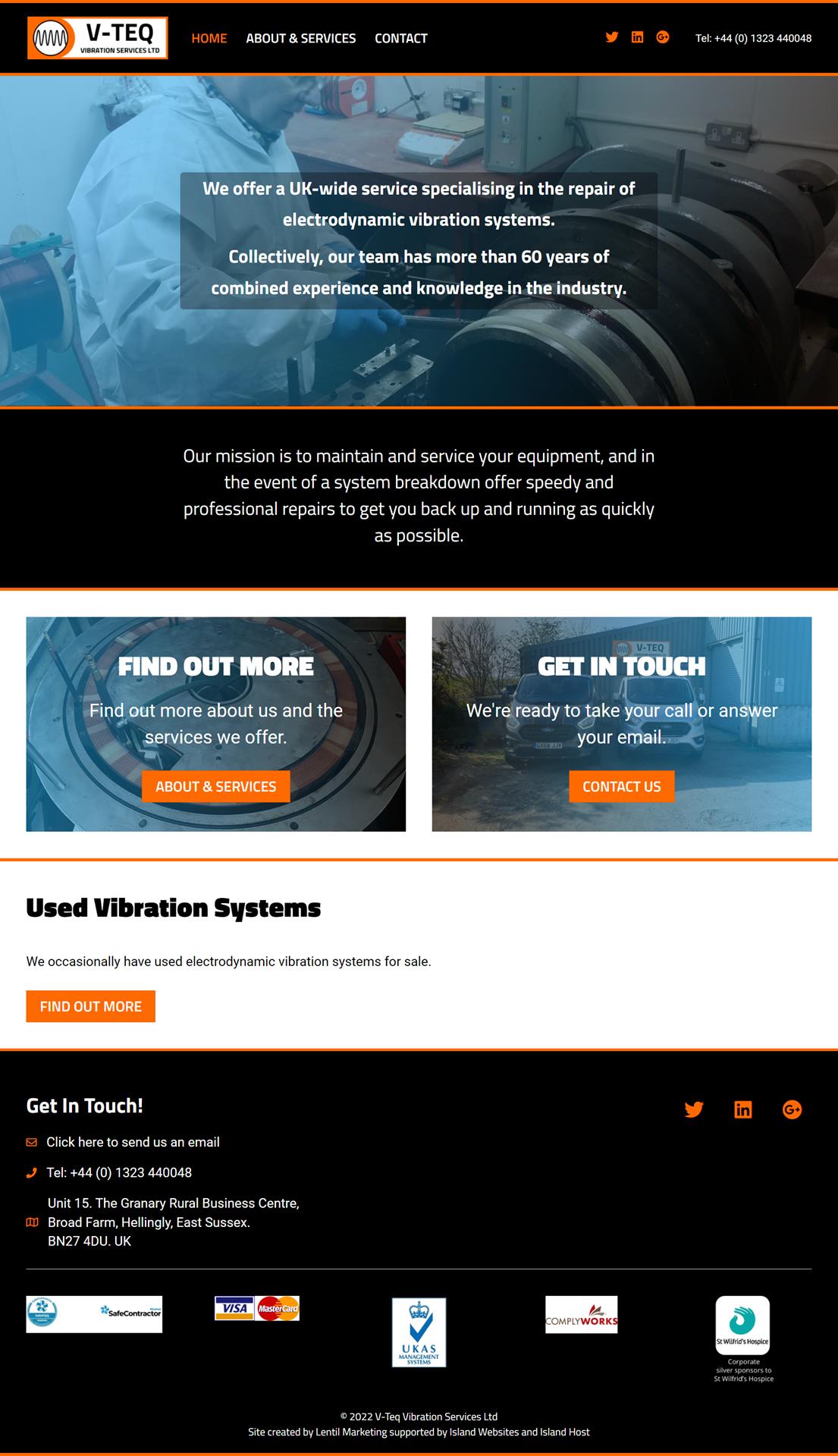 home page of the V-Teq website, showing an engineer working on an electrodynamic vibration system