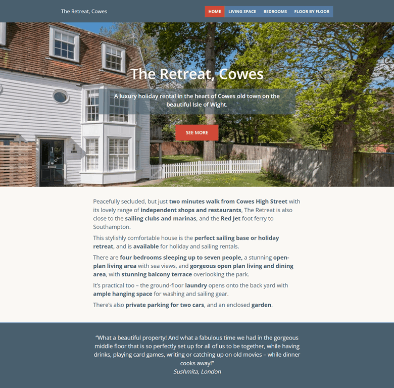 Screenshot of the home page of the 24a Castle Road Cowes website, showing the front of the house, with white painted timber cladding. The house is 3 storey with a first floor balcony and white picket fence around the garden.