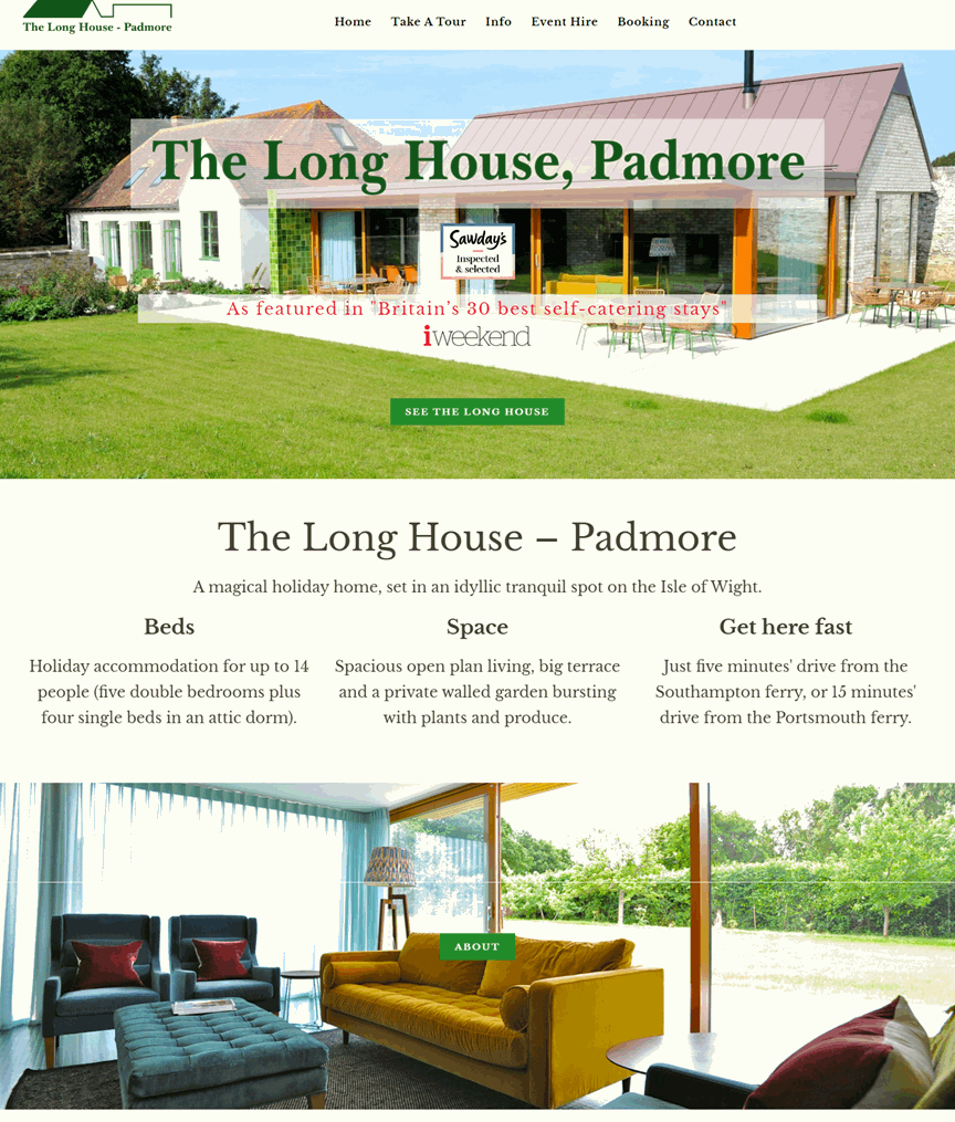 Screenshot of homepage of the website of The Long House, Padmore, showing front of property, intro and one interior shot.
